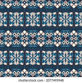 Geometric damascus ornament. Ikat border. Ethnic embroidery with leaves and monograms. Tribal vector texture. Seamless folk pattern in Aztec style. Indian, Scandinavian, Gypsy, Mexican, African rug.