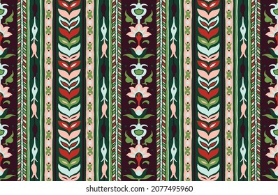 Geometric damascus ornament. Ikat border. Ethnic embroidery with leaves and monograms. Tribal vector texture. Seamless folk pattern in Aztec style. Indian, Scandinavian, Gypsy, Mexican, African rug.