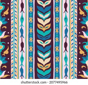 Geometric damascus ornament. Ikat border. Ethnic embroidery with leaves and monograms. Tribal vector texture. Seamless folk pattern in Aztec style. Indian, Scandinavian, Gypsy, Mexican, African rug.