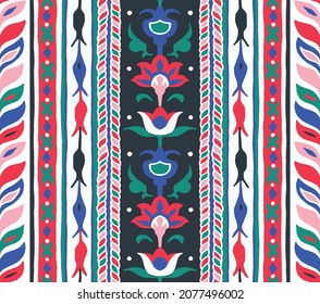 Geometric damascus ornament. Ikat border. Ethnic embroidery with leaves and monograms. Tribal vector texture. Seamless folk pattern in Aztec style. Indian, Scandinavian, Gypsy, Mexican, African rug.