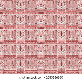 Geometric damascus ornament. Ikat border. Ethnic embroidery with leaves and monograms. Tribal vector texture. Seamless folk pattern in Aztec style. Indian, Scandinavian, Gypsy, Mexican, African rug.