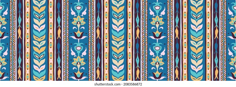 Geometric damascus ornament. Ikat border. Ethnic embroidery with leaves and monograms. Tribal vector texture. Seamless folk pattern in Aztec style. Indian, Scandinavian, Gypsy, Mexican, African rug.