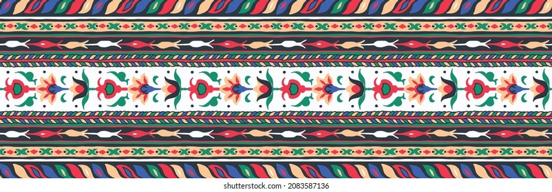 Geometric damascus ornament. Ikat border. Ethnic embroidery with leaves and monograms. Tribal vector texture. Seamless folk pattern in Aztec style. Indian, Scandinavian, Gypsy, Mexican, African rug.