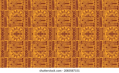Geometric damascus ornament. Ikat border. Ethnic embroidery with leaves and monograms. Tribal vector texture. Seamless folk pattern in Aztec style. Indian, Scandinavian, Gypsy, Mexican, African rug.