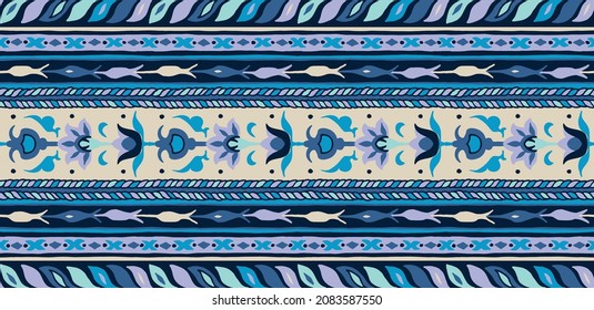 Geometric damascus ornament. Ikat border. Ethnic embroidery with leaves and monograms. Tribal vector texture. Seamless folk pattern in Aztec style. Indian, Scandinavian, Gypsy, Mexican, African rug.