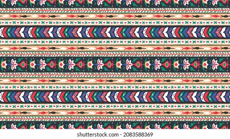 Geometric damascus ornament. Ikat border. Ethnic embroidery with leaves and monograms. Tribal vector texture. Seamless folk pattern in Aztec style. Indian, Scandinavian, Gypsy, Mexican, African rug.