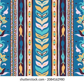 Geometric damascus ornament. Ikat border. Ethnic embroidery with leaves and monograms. Tribal vector texture. Seamless folk pattern in Aztec style. Indian, Scandinavian, Gypsy, Mexican, African rug.