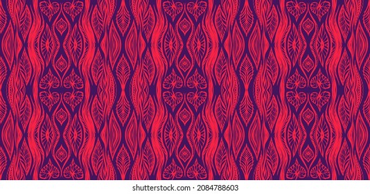 Geometric damascus ornament. Ikat border. Ethnic embroidery with leaves and monograms. Tribal vector texture. Seamless folk pattern in Aztec style. Indian, Scandinavian, Gypsy, Mexican, African rug.