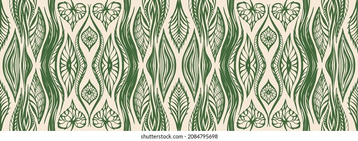 Geometric damascus ornament. Ikat border. Ethnic embroidery with leaves and monograms. Tribal vector texture. Seamless folk pattern in Aztec style. Indian, Scandinavian, Gypsy, Mexican, African rug.