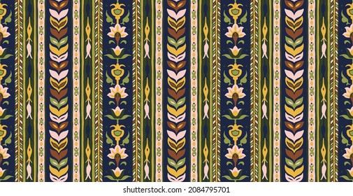 Geometric damascus ornament. Ikat border. Ethnic embroidery with leaves and monograms. Tribal vector texture. Seamless folk pattern in Aztec style. Indian, Scandinavian, Gypsy, Mexican, African rug.