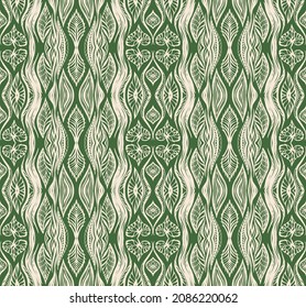 Geometric damascus ornament. Ikat border. Ethnic embroidery with leaves and monograms. Tribal vector texture. Seamless folk pattern in Aztec style. Indian, Scandinavian, Gypsy, Mexican, African rug.