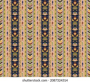 Geometric damascus ornament. Ikat border. Ethnic embroidery with leaves and monograms. Tribal vector texture. Seamless folk pattern in Aztec style. Indian, Scandinavian, Gypsy, Mexican, African rug.