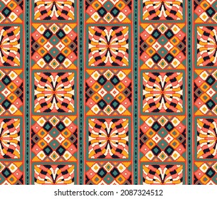 Geometric damascus ornament. Ikat border. Ethnic embroidery with leaves and monograms. Tribal vector texture. Seamless folk pattern in Aztec style. Indian, Scandinavian, Gypsy, Mexican, African rug.