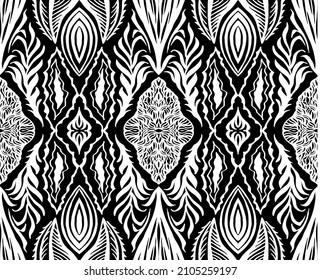 Geometric damascus ornament. Ikat border. Ethnic embroidery with leaves and monograms. Tribal vector texture. Seamless folk pattern in Aztec style. Indian, Scandinavian, Gypsy, Mexican, African rug.