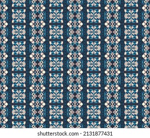 Geometric damascus ornament. Ikat border. Ethnic embroidery with leaves and monograms. Tribal vector texture. Seamless folk pattern in Aztec style. Indian, Scandinavian, Gypsy, Mexican, African rug.