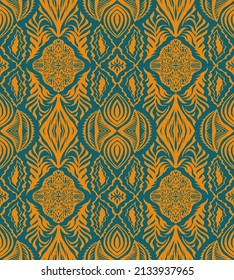 Geometric damascus ornament. Ikat border. Ethnic embroidery with leaves and monograms. Tribal vector texture. Seamless folk pattern in Aztec style. Indian, Scandinavian, Gypsy, Mexican, African rug.