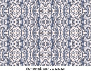 Geometric damascus ornament. Ikat border. Ethnic embroidery with leaves and monograms. Tribal vector texture. Seamless folk pattern in Aztec style. Indian, Scandinavian, Gypsy, Mexican, African rug.