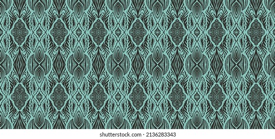 Geometric damascus ornament. Ikat border. Ethnic embroidery with leaves and monograms. Tribal vector texture. Seamless folk pattern in Aztec style. Indian, Scandinavian, Gypsy, Mexican, African rug.
