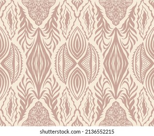 Geometric damascus ornament. Ikat border. Ethnic embroidery with leaves and monograms. Tribal vector texture. Seamless folk pattern in Aztec style. Indian, Scandinavian, Gypsy, Mexican, African rug.