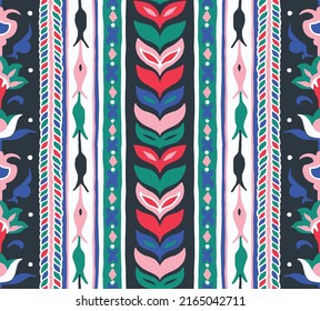 Geometric damascus ornament. Ikat border. Ethnic embroidery with leaves and monograms. Tribal vector texture. Seamless folk pattern in Aztec style. Indian, Scandinavian, Gypsy, Mexican, African rug.