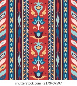 Geometric damascus ornament. Ikat border. Ethnic embroidery with leaves and monograms. Tribal vector texture. Seamless folk pattern in Aztec style. Indian, Scandinavian, Gypsy, Mexican, African rug.