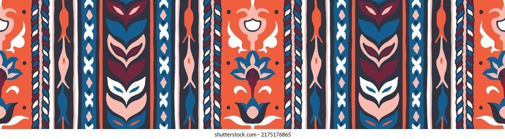 Geometric damascus ornament. Ikat border. Ethnic embroidery with leaves and monograms. Tribal vector texture. Seamless folk pattern in Aztec style. Indian, Scandinavian, Gypsy, Mexican, African rug.