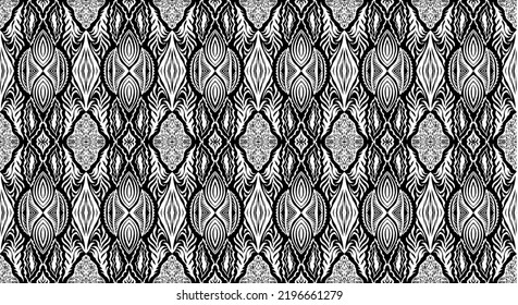 Geometric damascus ornament. Ikat border. Ethnic embroidery with leaves and monograms. Tribal vector texture. Seamless folk pattern in Aztec style. Indian, Scandinavian, Gypsy, Mexican, African rug.