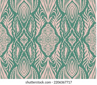 Geometric damascus ornament. Ikat border. Ethnic embroidery with leaves and monograms. Tribal vector texture. Seamless folk pattern in Aztec style. Indian, Scandinavian, Gypsy, Mexican, African rug.