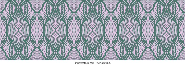 Geometric damascus ornament. Ikat border. Ethnic embroidery with leaves and monograms. Tribal vector texture. Seamless folk pattern in Aztec style. Indian, Scandinavian, Gypsy, Mexican, African rug.