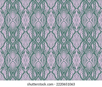 Geometric damascus ornament. Ikat border. Ethnic embroidery with leaves and monograms. Tribal vector texture. Seamless folk pattern in Aztec style. Indian, Scandinavian, Gypsy, Mexican, African rug.