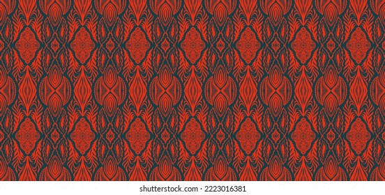 Geometric damascus ornament. Ikat border. Ethnic embroidery with leaves and monograms. Tribal vector texture. Seamless folk pattern in Aztec style. Indian, Scandinavian, Gypsy, Mexican, African rug.