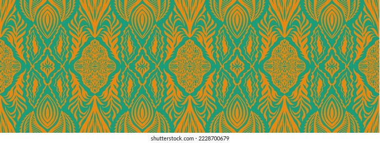 Geometric damascus ornament. Ikat border. Ethnic embroidery with leaves and monograms. Tribal vector texture. Seamless folk pattern in Aztec style. Indian, Scandinavian, Gypsy, Mexican, African rug.