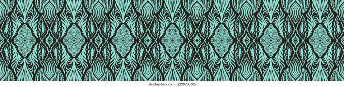 Geometric damascus ornament. Ikat border. Ethnic embroidery with leaves and monograms. Tribal vector texture. Seamless folk pattern in Aztec style. Indian, Scandinavian, Gypsy, Mexican, African rug.