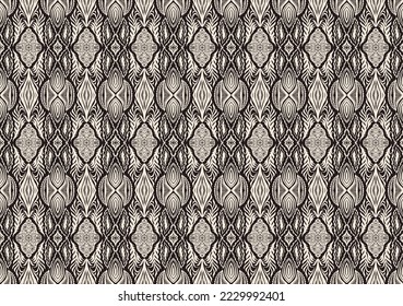 Geometric damascus ornament. Ikat border. Ethnic embroidery with leaves and monograms. Tribal vector texture. Seamless folk pattern in Aztec style. Indian, Scandinavian, Gypsy, Mexican, African rug.