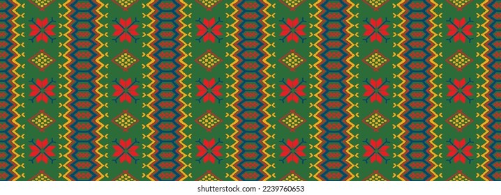 Geometric damascus ornament. Ikat border. Ethnic embroidery with leaves and monograms. Tribal vector texture. Seamless folk pattern in Aztec style. Indian, Scandinavian, Gypsy, Mexican, African rug.