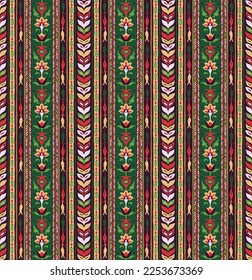 Geometric damascus ornament. Ikat border. Ethnic embroidery with leaves and monograms. Tribal vector texture. Seamless folk pattern in Aztec style. Indian, Scandinavian, Gypsy, Mexican, African rug.