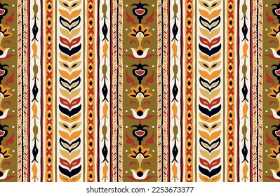 Geometric damascus ornament. Ikat border. Ethnic embroidery with leaves and monograms. Tribal vector texture. Seamless folk pattern in Aztec style. Indian, Scandinavian, Gypsy, Mexican, African rug.