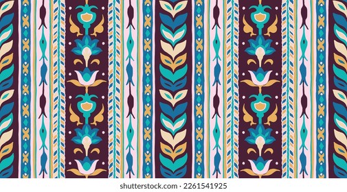 Geometrisches Damaskus-Ornament. Ikat Grenze. Ethnische Stickerei mit Blättern und Monogrammen. Stammesvektorstruktur. Nahtloses Volksmuster im Aztekischen Stil. Indischer, skandinavischer, Zigeuner, Mexikaner, afrikanischer Teppich.