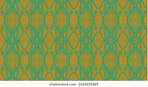 Geometric damascus ornament. Ikat border. Ethnic embroidery with leaves and monograms. Tribal vector texture. Seamless folk pattern in Aztec style. Indian, Scandinavian, Gypsy, Mexican, African rug.