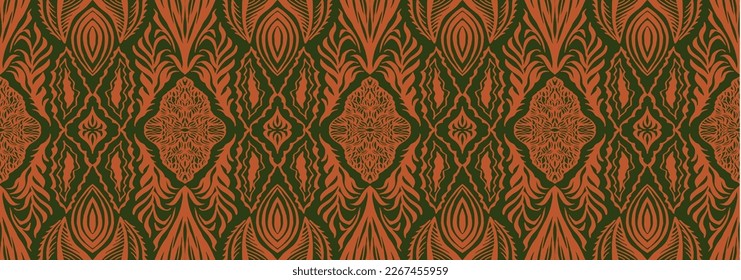 Geometric damascus ornament. Ikat border. Ethnic embroidery with leaves and monograms. Tribal vector texture. Seamless folk pattern in Aztec style. Indian, Scandinavian, Gypsy, Mexican, African rug.