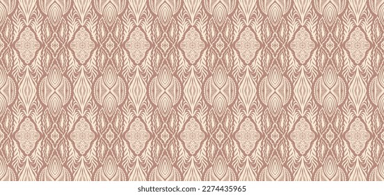 Geometric damascus ornament. Ikat border. Ethnic embroidery with leaves and monograms. Tribal vector texture. Seamless folk pattern in Aztec style. Indian, Scandinavian, Gypsy, Mexican, African rug.