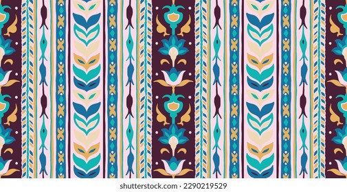 Geometric damascus ornament. Ikat border. Ethnic embroidery with leaves and monograms. Tribal vector texture. Seamless folk pattern in Aztec style. Indian, Scandinavian, Gypsy, Mexican, African rug.