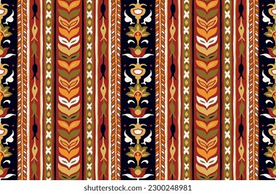 Geometric damascus ornament. Ikat border. Ethnic embroidery with leaves and monograms. Tribal vector texture. Seamless folk pattern in Aztec style. Indian, Scandinavian, Gypsy, Mexican, African rug.