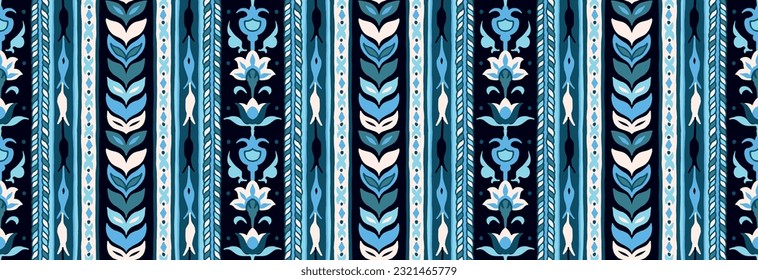 Geometric damascus ornament. Ikat border. Ethnic embroidery with leaves and monograms. Tribal vector texture. Seamless folk pattern in Aztec style. Indian, Scandinavian, Gypsy, Mexican, African rug.