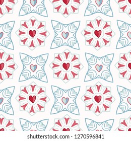 Geometric damask hand drawn seamless vector pattern. All over print with red blue style hearts. Illustration for textiles, St Valentines Day, weddings, love birthday background.