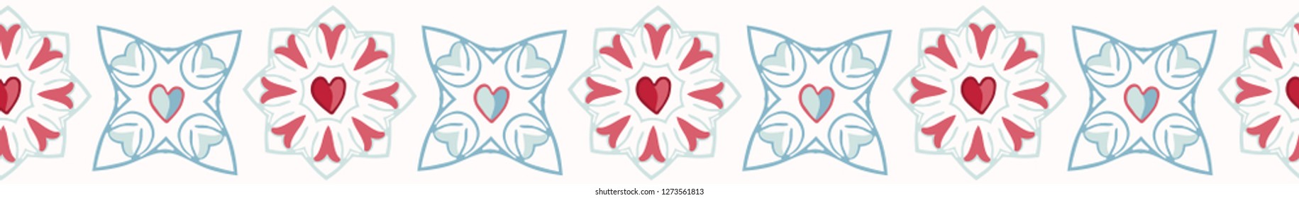 Geometric damask hand drawn seamless vector border. All over print with red blue style hearts. Illustration for textiles, St Valentines Day, weddings, love birthday banner ribbon.