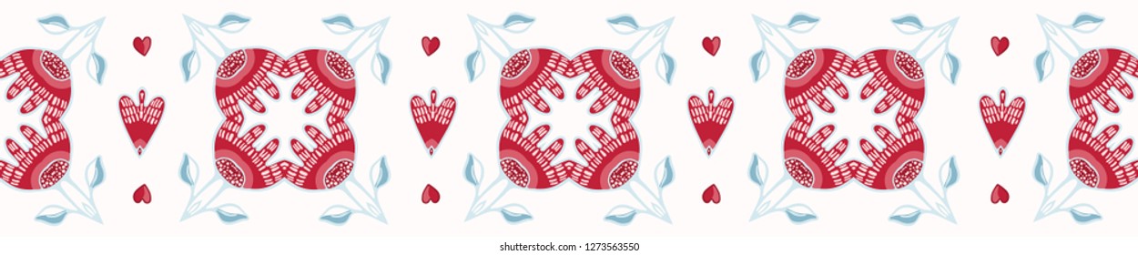 Geometric damask hand drawn seamless vector border. All over print with red blue style hearts. Illustration for textiles, St Valentines Day, weddings banner ribbon, love birthday background.