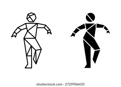 Geometric dancers in black and white performing ballet with angular shapes and lines