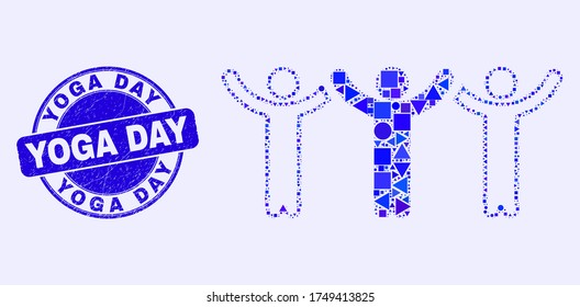 Geometric dancing people mosaic icon and Yoga Day stamp. Blue vector rounded scratched stamp with Yoga Day caption. Abstract mosaic of dancing people designed of sphere, tringle,