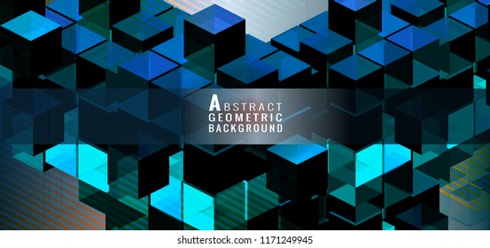 Geometric dark blue cubes block element graphic template on light color striped line background